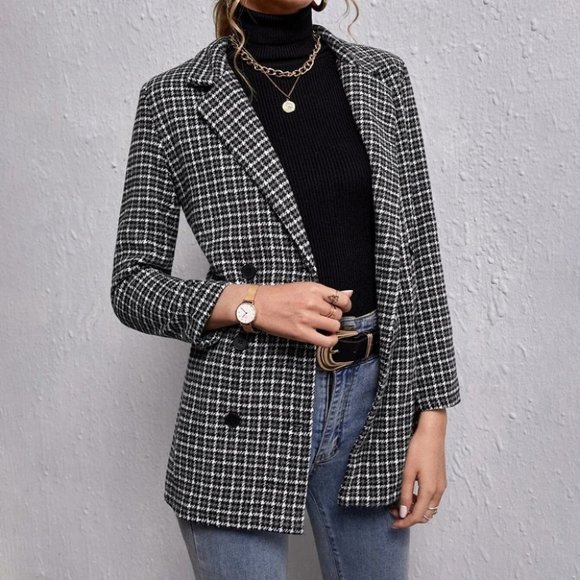 double breasted houndstooth & plaid print blazer chic - Picture 4 of 5